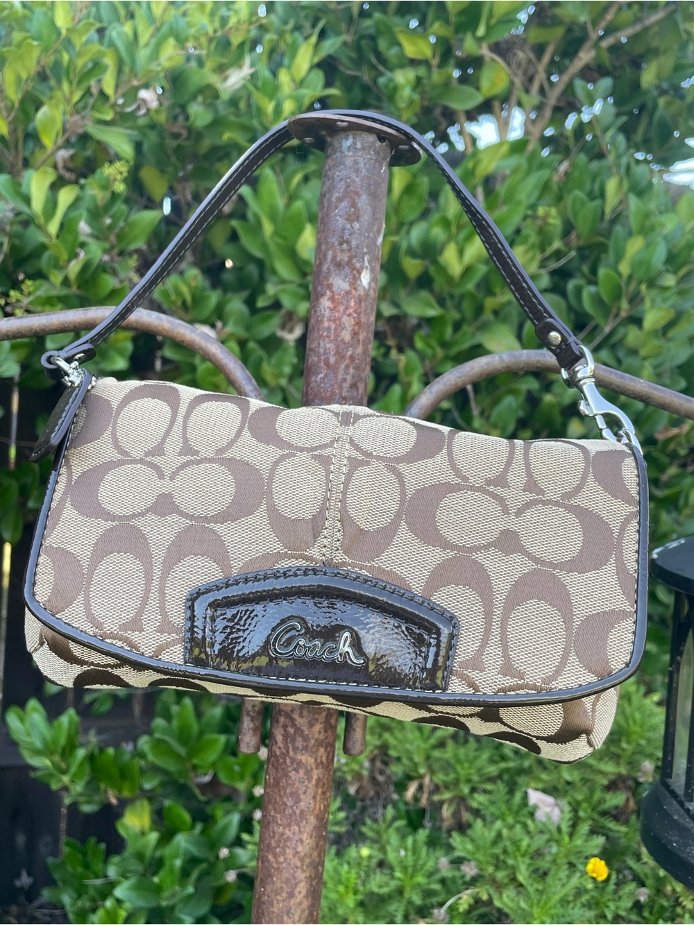 Vintage Coach Y2K Signature Jacquard Demi Flap Shoulder Bag Patent Leather